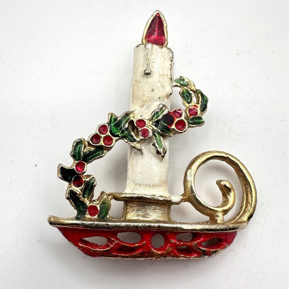 Vintage 90s Christmas Candle Brooch Pin Gold Tone Enamel Women's Classic Jewelry